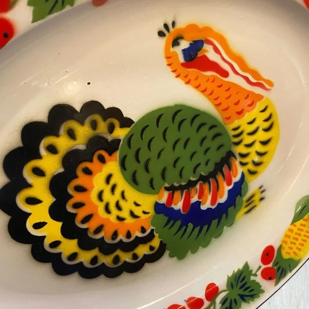Vintage Large Enamelware Turkey Oval Platter Hand Painted Thanksgiving Decor 17.